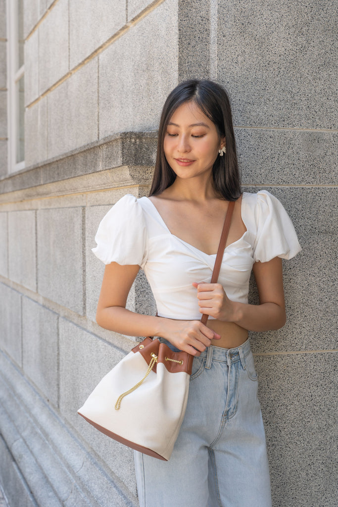 Chantalle Chained Bucket Bag (Canvas with brown leather)