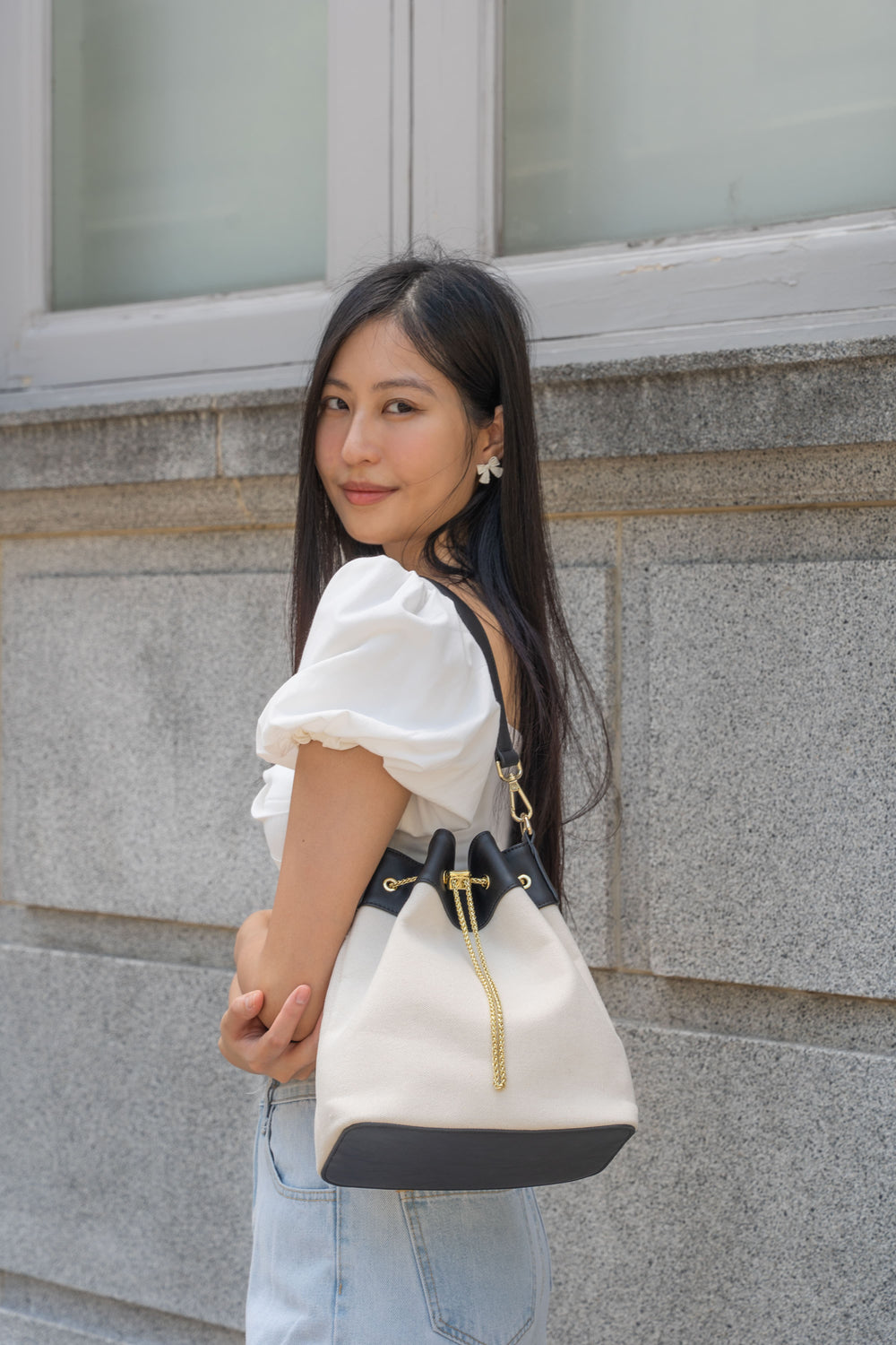 Chantalle Chained Bucket Bag (Canvas with black leather)