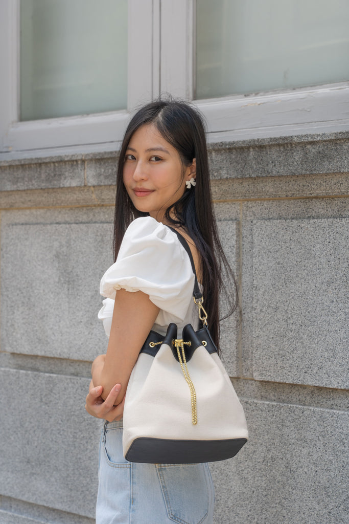 Chantalle Chained Bucket Bag (Canvas with black leather)