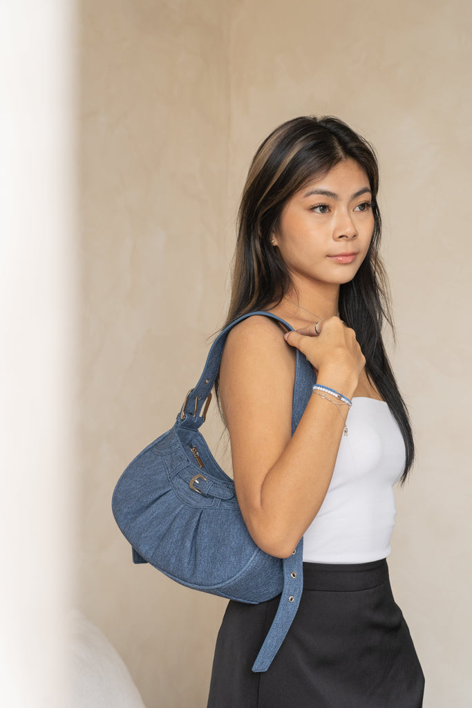 Callista Belted Shoulder Bag (Denim blue - Vegan leather)