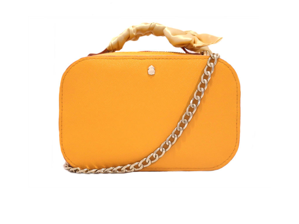 Soleil Saffiano Structured Camera Bag with gold chain and twilly in Sunshine Mustard colour